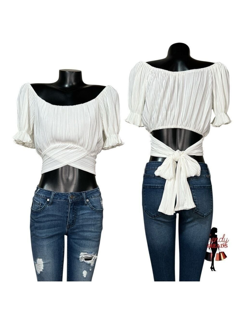 35 OOAK NEW Large Off the Shoulder Puff Sleeve Tie Back Crop Top White Auction